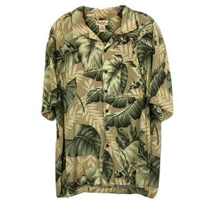 Panama Jack Shirt Mens XL Beige Green Leaf Tropical‎ Print Button Up Hawaiian